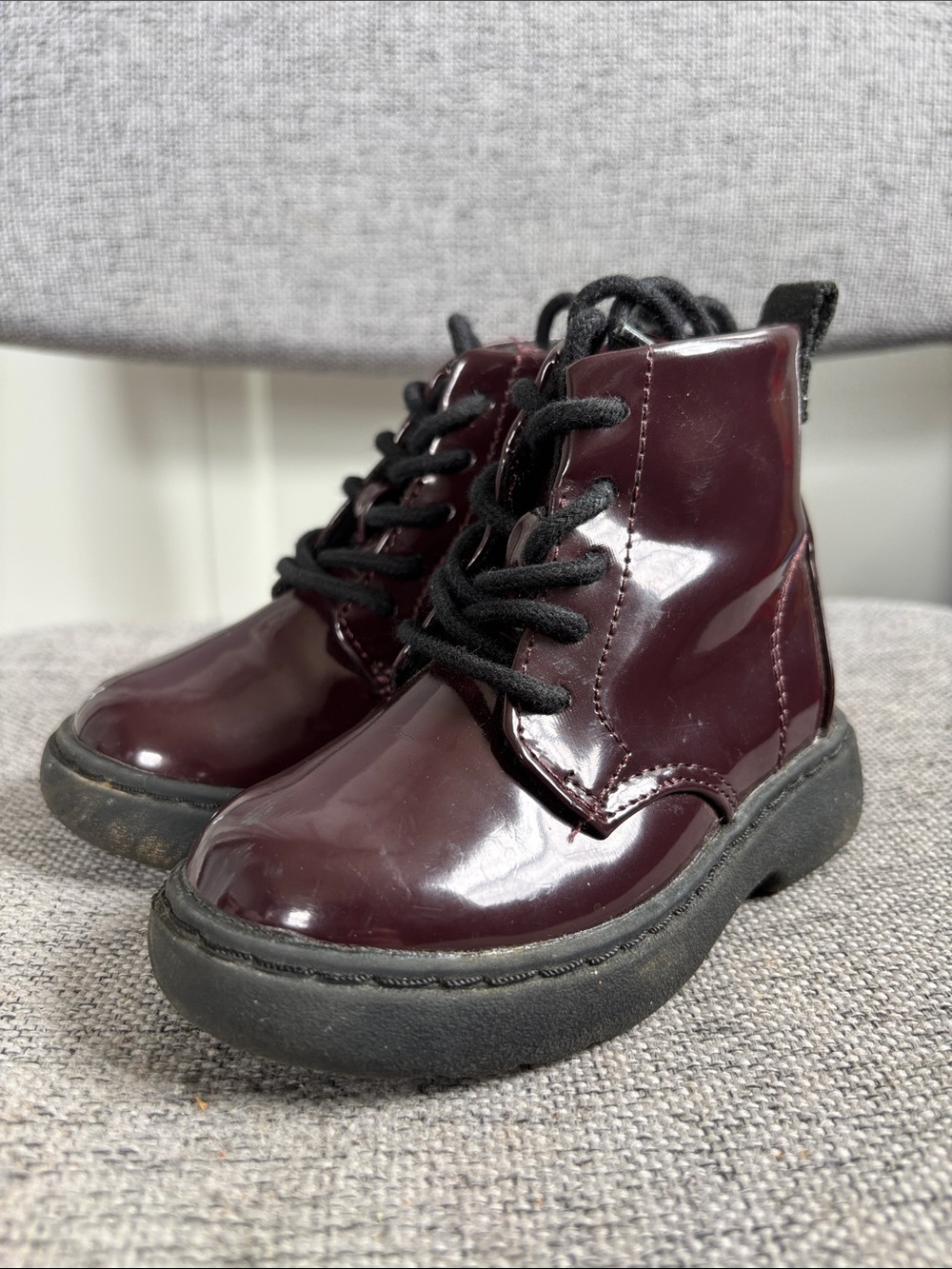 Zara Kids Burgundy Patent Leather Combat Boots - Size 22 (US 6.5 Toddler)